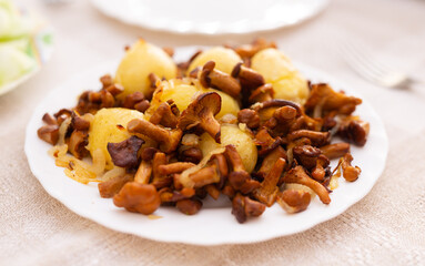 delicious forest mushrooms chanterelles with young potatoes fried on white plate