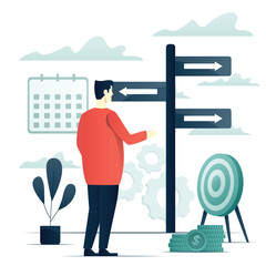 Young male characters are trying to find the right path direction and guide to destination. Different strategies for life choices and hardship solutions. Flat cartoon vector illustration
