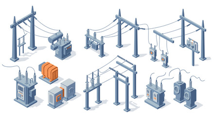 Obraz premium Isometric power infrastructure high voltage electrical substations and transmission towers