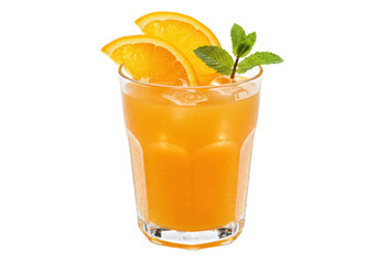 Isolated glass filled with refreshing orange juice, garnished with orange slices and mint