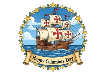 Illustration of happy columbus day with santa maria ship, wreath isolated on white background