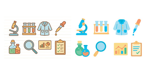 Obraz premium Science and research flat icons set – laboratory, experiment, educational symbols