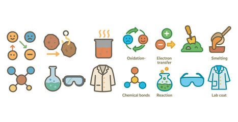 Fototapeta premium Chemistry education flat icons set – filled, laboratory and science symbols