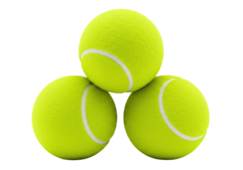 Isolated group of fuzzy yellow tennis balls, round spheres with curved white lines in a pile