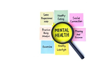 Mental health awareness concept, Tips good mental health written on colorful note paper with magnifying glass. Copy space 