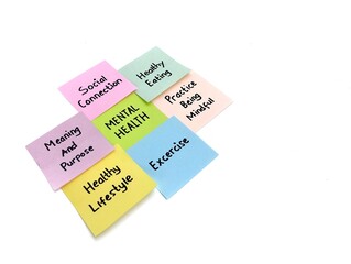 Mental health awareness concept, Tips good mental health written on colorful note paper. Copy space 