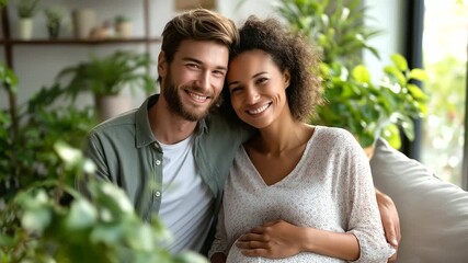 Happy Pregnant Interracial Couple Embracing at Home Warm Hugs and Diverse Skin Tones in Cozy Living Space with Soft Pillows and Indoor Plants Gentle Belly Caress and Loving Gazes