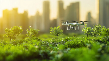 An eco-friendly city with AI-powered drones and sustainable technologies. Copy space.