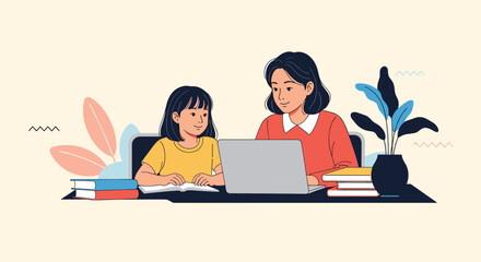 A mother and daughter learning together on a laptop at home.