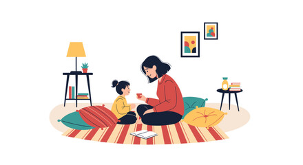 Mother and daughter enjoying a quiet moment indoors.