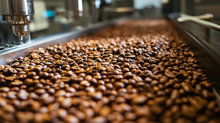 Industrial coffee processing line, roasted beans passing through equipment, close-up.