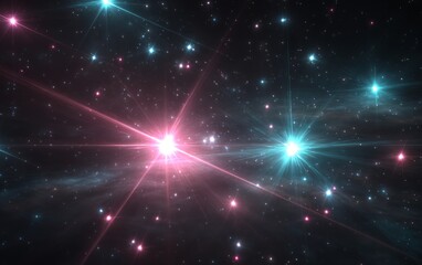 Vast Cosmic Space with Bright Stars and Colorful Light Rays in a Starry Night Sky