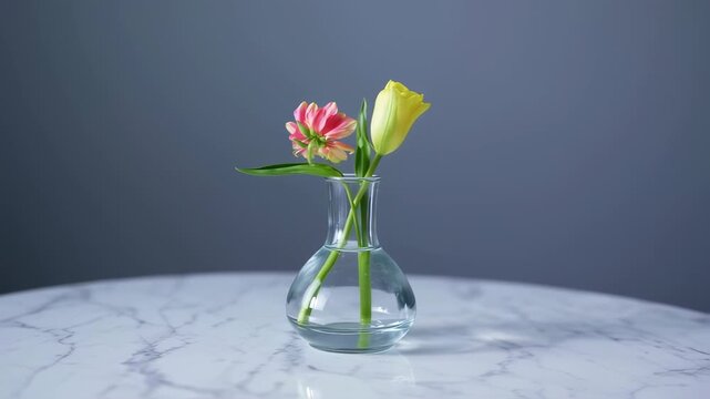 Pink and yellow flowers in glass vase on marble surface against a gray background