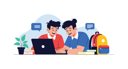 Two boys learning together on a laptop with backpacks and books.