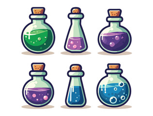 Cartoon Witch Potion Icon Set – Adorable Bottles Filled with Magic Liquids
