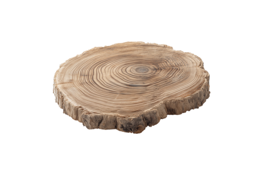 Close up of a rough textured tree stump cross section with growth rings isolated on transparent background
