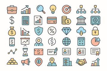 Collection of business and finance icons representing growth and success