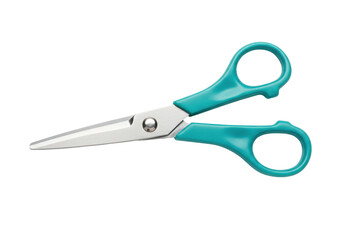 Isolated turquoise handled scissors, silver blades, school and craft supply item on flat surface