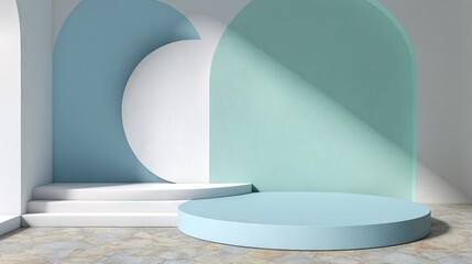 Minimalist scene with blue and white geometric shapes and a podium