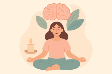 Woman meditating with brain and leaves symbolizing mental wellness and inner peace