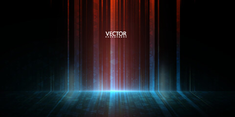 Vertical red and blue beams of light fall on a dark scene with subtle haze and reflections. A futuristic backdrop for technology backdrops, banners, presentations, product demos, and user interfaces.