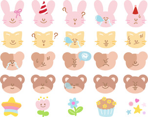 Cute vector illustrations of bunny, cat and teddy bear expressions, cupcake, star, flower for cartoon characters, comic, animals, pet shop, vet, emoji, mood, emotion, feelings, easter, festive winter