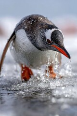 Fototapeta premium Gentoo penguin walks over icy water, splashing droplets in a natural habitat during a sunny day
