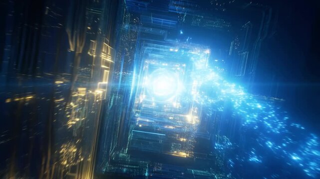 Within the core of an AI mainframe, pulses of light expand rhythmically like a heartbeat. The camera dives through tunnels of data, finally reaching a glowing sphere representing the origin of conscio