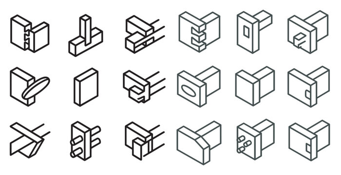 Japanese woodworking line icons set &ndash; solid, outline, joinery and carpentry symbols