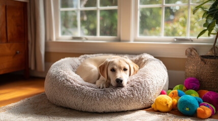 A cozy yellow labrador puppy resting in a plush dog bed surrounded by colorful toys in a sunlit room, creating a warm and inviting atmosphere.