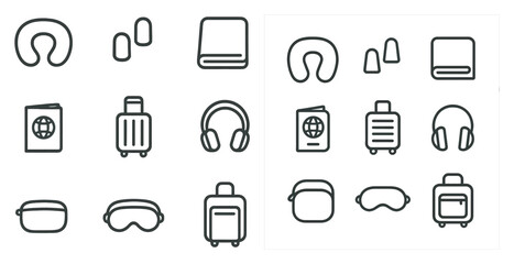 Travel essentials outline icons set – linear, flat, vacation and trip tools