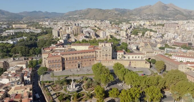 Aerial view of the Palazzo dei Normanni, also known as Royal Palace. It is located in the historic center of Palermo, Sicily, Italy. It is one of the city's most visited monuments and a Heritage Site.