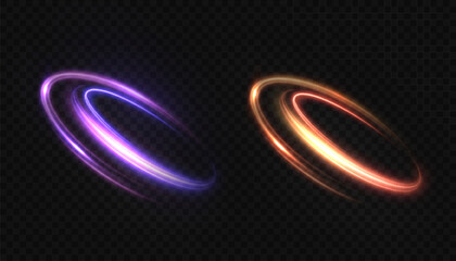 Set of bright swirl effects of orange-red light trail with bright shimmer and glare. Vector light effect for design and illustrations isolated on dark background.  © MAKSYM
