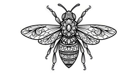 Illustration of detailed drawing of a bee isolated on white background, intricate design