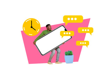 Creative collage picture young shocked man smartphone screen textbox communication clock deadline alarm hour miss time sms notifications