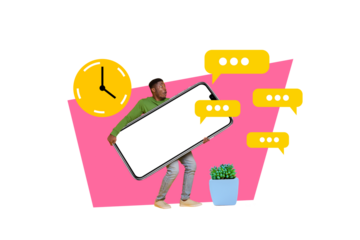 Creative collage picture young shocked man smartphone screen textbox communication clock deadline alarm hour miss time sms notifications