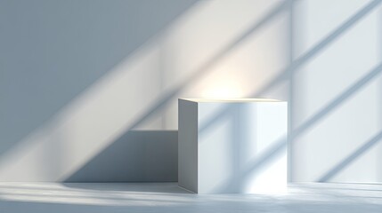 Minimalist white cube display with dramatic window light and shadow background