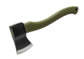 Isolated ax with a black ax head and an olive green handle for chopping wood, camping