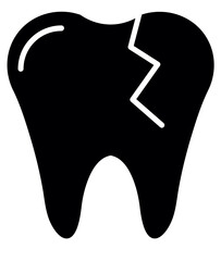 damage tooth silhouette vector. Black vector icon of a tooth with a visible crack for dental damage or decay. Broken tooth icon. Cracked tooth vector. Dental problem and toothache concept.