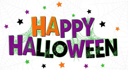 Illustration of happy halloween text with star and spider web isolated on white background