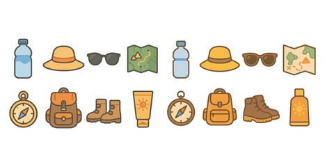 Camping gear icons set – linear, outline, hiking and adventure graphics