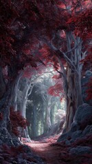 Naklejka premium Enchanted Forest Pathway with Vibrant Red Leaves and Mysterious Light Filtering Through Lush Trees