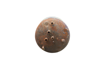 rusty boiler barrel isolated, old boiler barrel with holes for connecting pipes on a white background