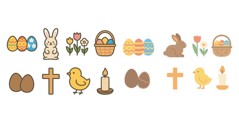 Fototapeta premium Easter and spring flat icons set – filled, outline, holiday and celebration symbols