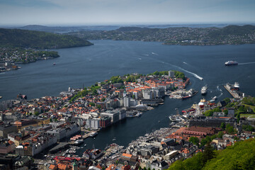 Naklejka premium Colorful Bergen seen from above along Norway’s fjord coast.
