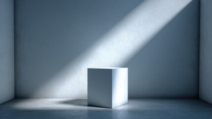 Minimalist white cube displayed in soft light against blank walls