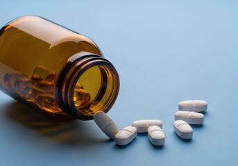 A brown glass medicine bottle tipped over, spilling white pills and capsules onto a blue surface