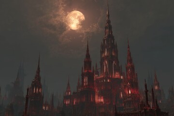 Obraz premium Dark Gothic Castle Under Blood Moon with Dramatic Clouds and Eerie Atmosphere in Foreboding Landscape