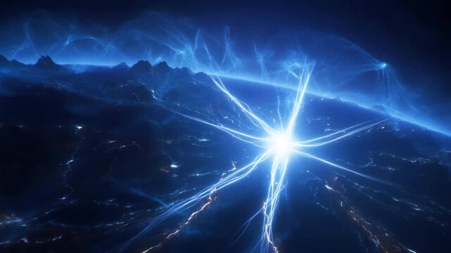In a vast digital void, a luminous orb of data explodes silently, releasing threads of light that weave a landscape from nothing. Rivers form from data streams, mountains from algorithms, and skies fr