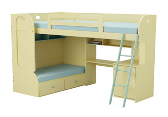 Isolated loft bunk bed with desk and storage, childrens bedroom furniture in yellow, furniture set
